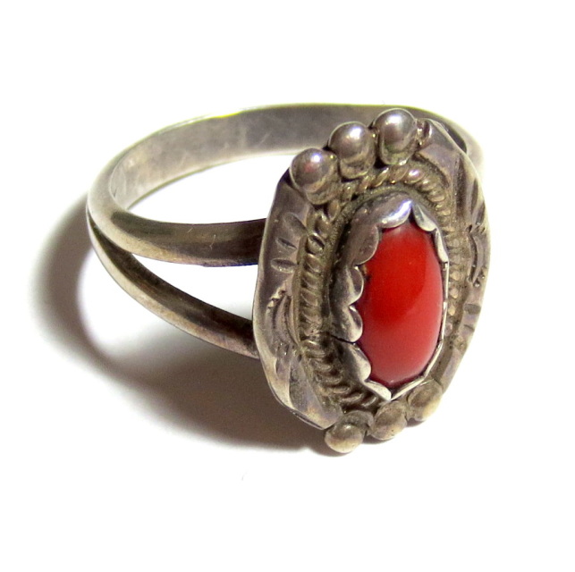 Small Sterling Red Coral Navajo Ring